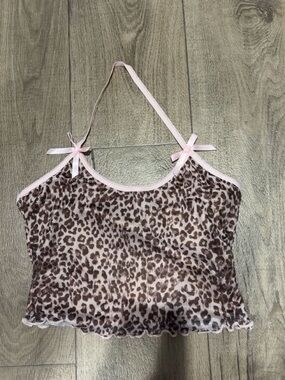 NWOT: No Brand: Y2K Pink Leopard Print Mesh Ruffle halter Tank: size Medium